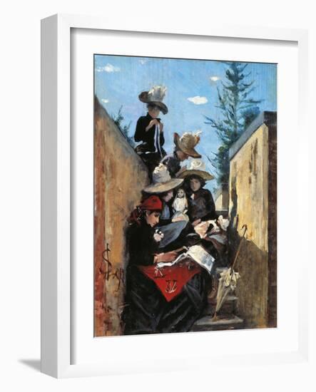 Mrs. Clementina Fiorini with Her Daughters in Poggio Piano, 1887-Silvestro Lega-Framed Giclee Print