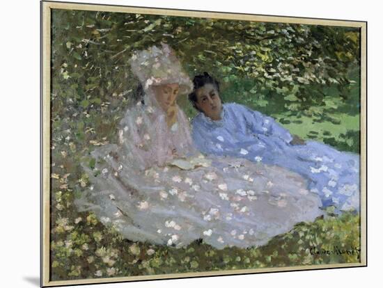 Mrs. Monet and a Friend in the Garden. Two Women Sitting in the Shade of a Tree. Painting by Claude-Claude Monet-Mounted Giclee Print