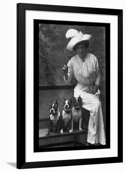 Mrs. Rhoades and Her Three Boston Terriers-null-Framed Art Print