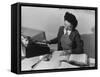 Mrs Teruko Kiyomura, bookkeeper, seated at desk, operating an adding machine while reading a ledger-Ansel Adams-Framed Stretched Canvas