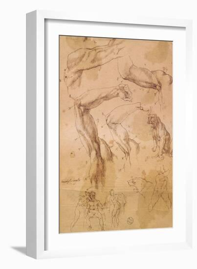 Ms H 184 Fol.202 Studies of Raised Arms, a Wild Cat and a Group of Figures-Michelangelo Buonarroti-Framed Giclee Print