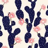 Navy Blue Hand Drawn Cactus Tropical Garden Seamless Pattern. in Light Pink Background.-MSNTY-Art Print