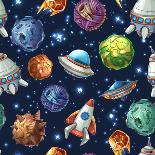 Comic Space with Planets and Spaceships. Rocket Cartoon, Star and Science Design. Vector Seamless P-MSSA-Art Print