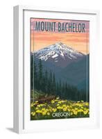 Mt. Bachelor, Oregon - Pine Martin and Flowers-Lantern Press-Framed Art Print