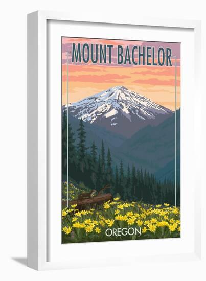 Mt. Bachelor, Oregon - Pine Martin and Flowers-Lantern Press-Framed Art Print