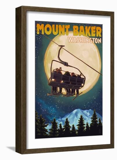 Mt. Baker, Washington - Ski Lift and Full Moon-Lantern Press-Framed Art Print