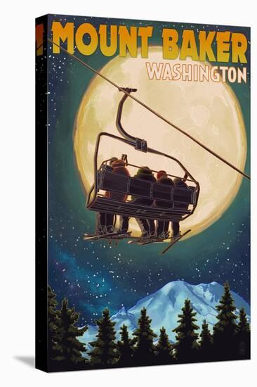 Mt. Baker, Washington - Ski Lift and Full Moon-Lantern Press-Stretched Canvas