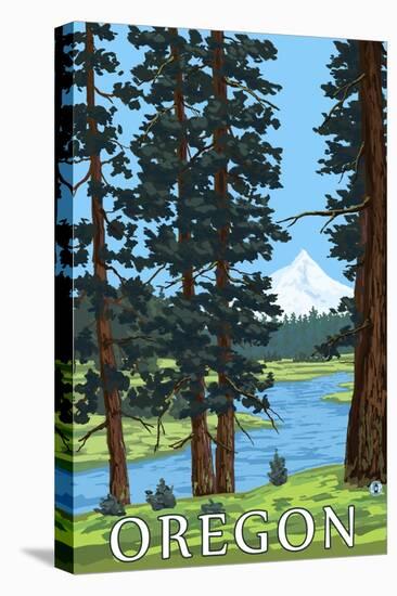 Mt. Hood and River - Oregon Scene-Lantern Press-Stretched Canvas