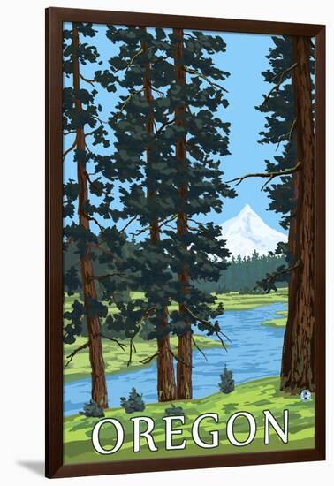 Mt. Hood and River - Oregon Scene-Lantern Press-Framed Art Print