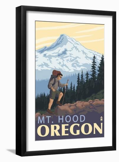 Mt. Hood Hiker Scene Poster-Lantern Press-Framed Art Print