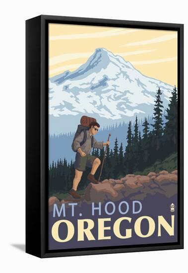 Mt. Hood Hiker Scene Poster-Lantern Press-Framed Stretched Canvas