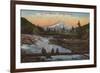 Mt. Hood, Oregon - Men Fishing on Log with Mountain in Background-Lantern Press-Framed Art Print