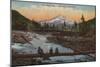 Mt. Hood, Oregon - Men Fishing on Log with Mountain in Background-Lantern Press-Mounted Art Print