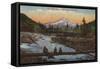 Mt. Hood, Oregon - Men Fishing on Log with Mountain in Background-Lantern Press-Framed Stretched Canvas