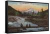 Mt. Hood, Oregon - Men Fishing on Log with Mountain in Background-Lantern Press-Framed Stretched Canvas