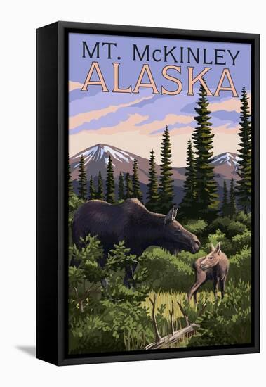 Mt. McKinley, Alaska - Moose and Calf-Lantern Press-Framed Stretched Canvas