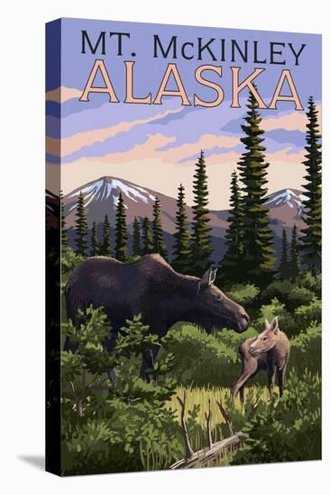Mt. McKinley, Alaska - Moose and Calf-Lantern Press-Stretched Canvas