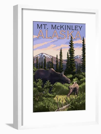 Mt. McKinley, Alaska - Moose and Calf-Lantern Press-Framed Art Print