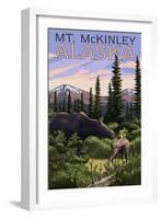 Mt. McKinley, Alaska - Moose and Calf-Lantern Press-Framed Art Print