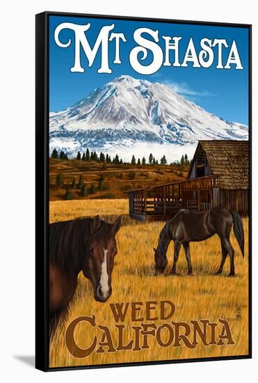 Mt. Shasta - Weed, California - Horses and Mountain-Lantern Press-Framed Stretched Canvas