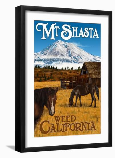 Mt. Shasta - Weed, California - Horses and Mountain-Lantern Press-Framed Art Print