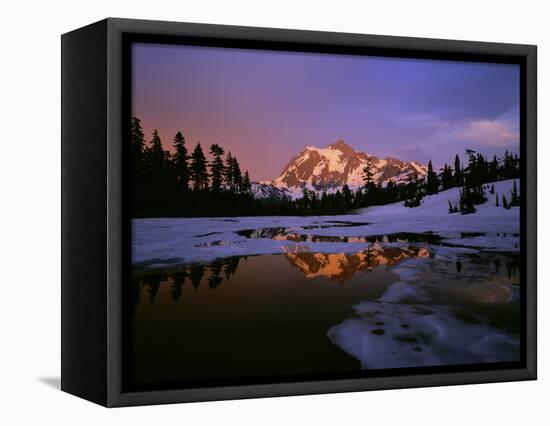 Mt. Shuksan Reflecting into a Partial Ice Covered Picture Lake at Sunset-null-Framed Stretched Canvas