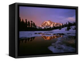 Mt. Shuksan Reflecting into a Partial Ice Covered Picture Lake at Sunset-null-Framed Stretched Canvas