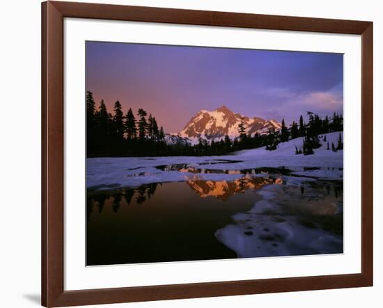 Mt. Shuksan Reflecting into a Partial Ice Covered Picture Lake at Sunset-null-Framed Photographic Print