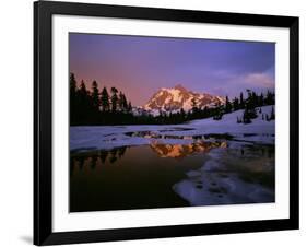 Mt. Shuksan Reflecting into a Partial Ice Covered Picture Lake at Sunset-null-Framed Photographic Print