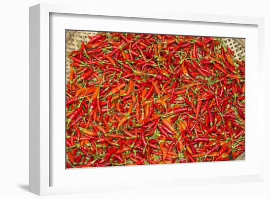 Muang Ngoi, Luang Prabang Province. Red Chillies Spread on a Bamboo Woven Mat to Dry in the Sun.-Nigel Pavitt-Framed Photographic Print