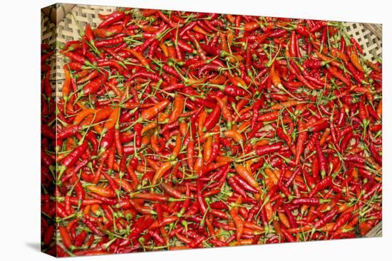 Muang Ngoi, Luang Prabang Province. Red Chillies Spread on a Bamboo Woven Mat to Dry in the Sun.-Nigel Pavitt-Stretched Canvas