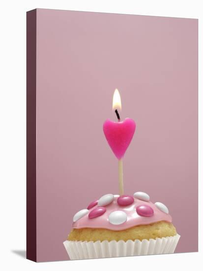 Muffin, Icing, Pink, Chocolate Beans, Candle, Heart Form, Burn, Detail-Nikky-Stretched Canvas