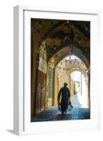 Mullah hurrying down typical vaulted alleyway, Yazd, Iran, Middle East-James Strachan-Framed Photographic Print