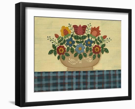 Multi-Colored Flowers with Dark Blue Tablecloth-Debbie McMaster-Framed Giclee Print