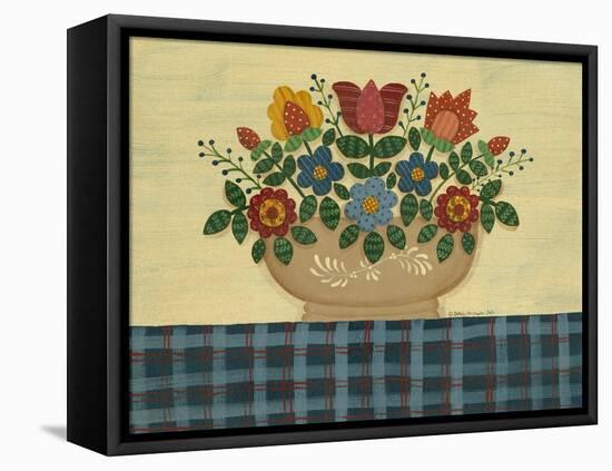 Multi-Colored Flowers with Dark Blue Tablecloth-Debbie McMaster-Framed Stretched Canvas