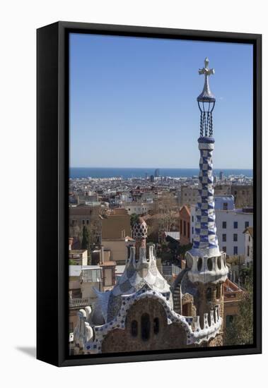 Multi Coloured and Patterned Glazed Ceramic Work Decorates a Roof in Parc Guell-James Emmerson-Framed Stretched Canvas