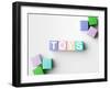 Multicolored Blocks with Toys Word Written on Them, on White. Copy Space Available-Abstract Oil Work-Framed Photographic Print