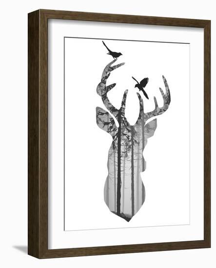 Multiple exposure of a Deer with Birds-eva_mask-Framed Art Print