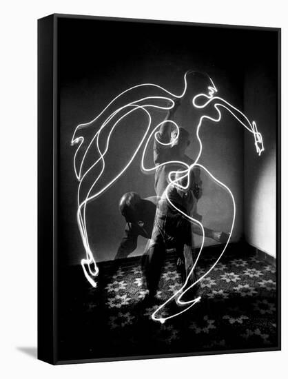 Multiple Exposure of Artist Pablo Picasso Using Flashlight to Make Light Drawing of a Figure-Gjon Mili-Framed Stretched Canvas