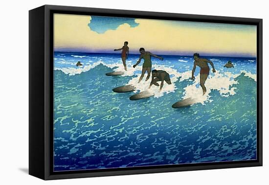 Multiple Surfers Catching Wave-null-Framed Stretched Canvas