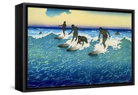 Multiple Surfers Catching Wave-null-Framed Stretched Canvas