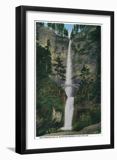 Multnomah Falls and Benson Foot Bridge - Columbia River, OR-Lantern Press-Framed Art Print