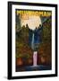 Multnomah Falls, Oregon and Full Moon-Lantern Press-Framed Art Print