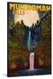 Multnomah Falls, Oregon and Full Moon-Lantern Press-Stretched Canvas