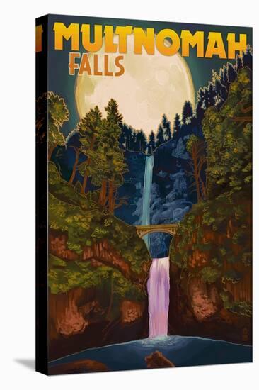 Multnomah Falls, Oregon and Full Moon-Lantern Press-Stretched Canvas