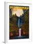 Multnomah Falls, Oregon and Full Moon-Lantern Press-Framed Art Print