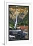 Multnomah Falls - Train and Cars-Lantern Press-Framed Art Print