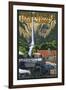 Multnomah Falls - Train and Cars-Lantern Press-Framed Art Print