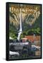 Multnomah Falls - Train and Cars-Lantern Press-Framed Stretched Canvas