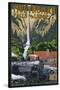 Multnomah Falls - Train and Cars-Lantern Press-Stretched Canvas